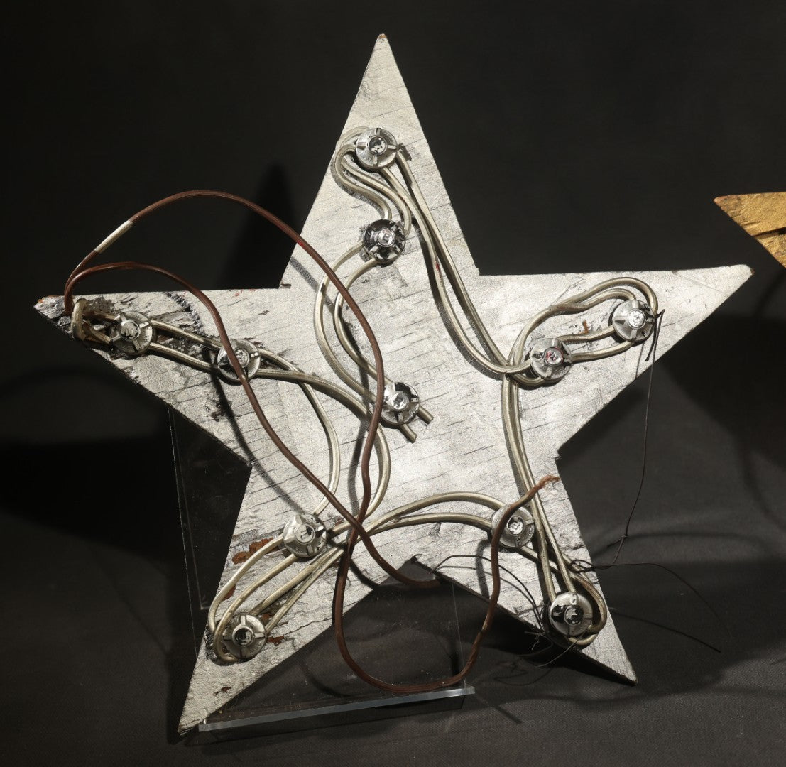 Pair of Vintage Painted Wood Five-Point Christmas Star Electric Display Lights, White and Gold, with Original Sockets, Not Tested, White Example Missing Plug