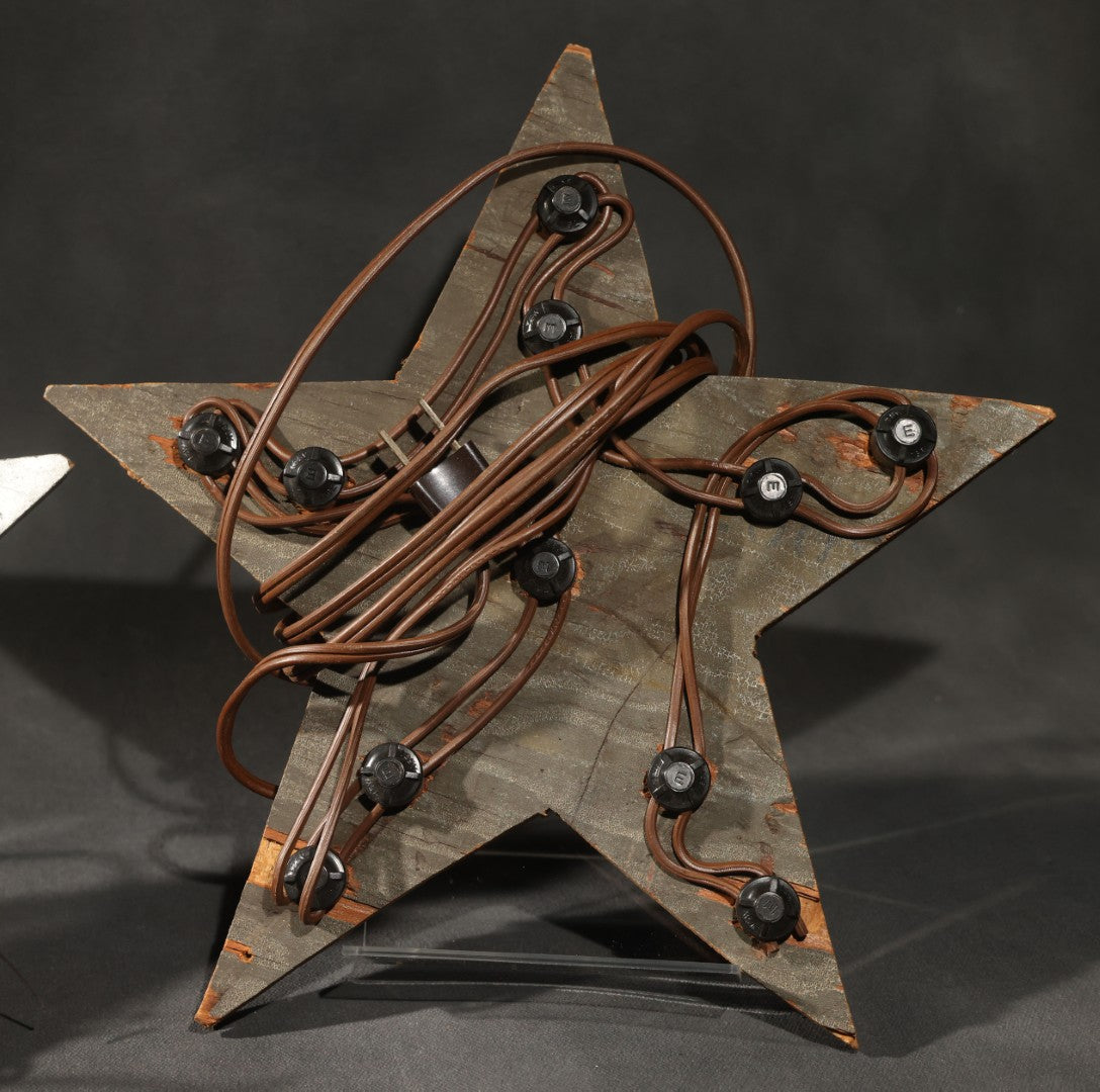 Pair of Vintage Painted Wood Five-Point Christmas Star Electric Display Lights, White and Gold, with Original Sockets, Not Tested, White Example Missing Plug