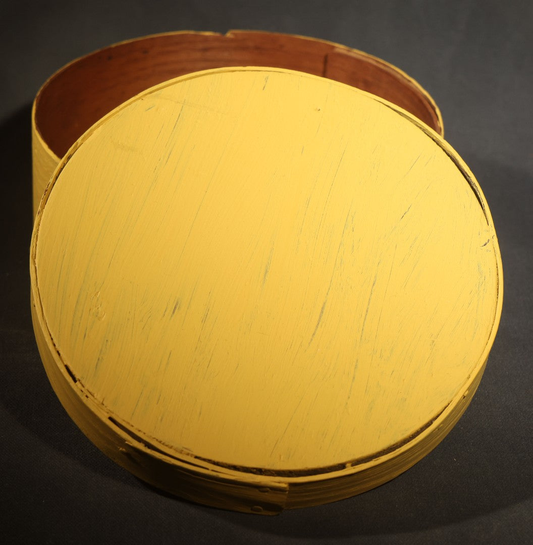 Vintage Bentwood Pantry Box with Lid, Nail-Fastened Lap Joint Construction, Later Yellow Paint