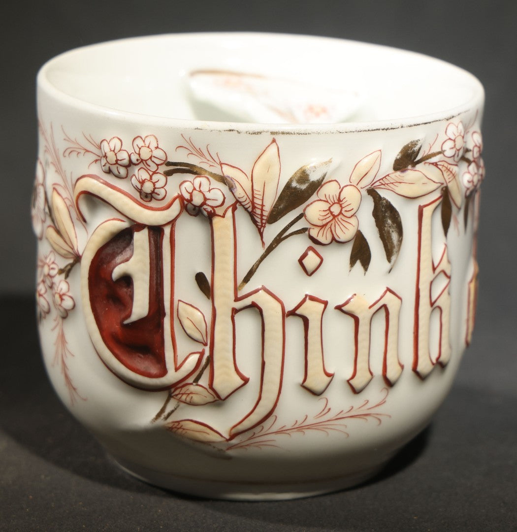 Antique German Porcelain "Think of Me" Mustache Mug with Gothic Lettering and Floral Decoration