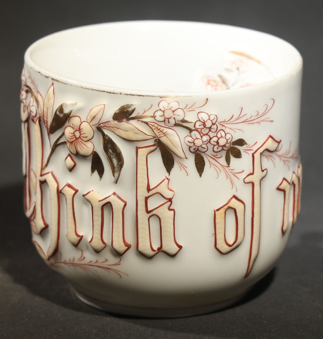 Antique German Porcelain "Think of Me" Mustache Mug with Gothic Lettering and Floral Decoration