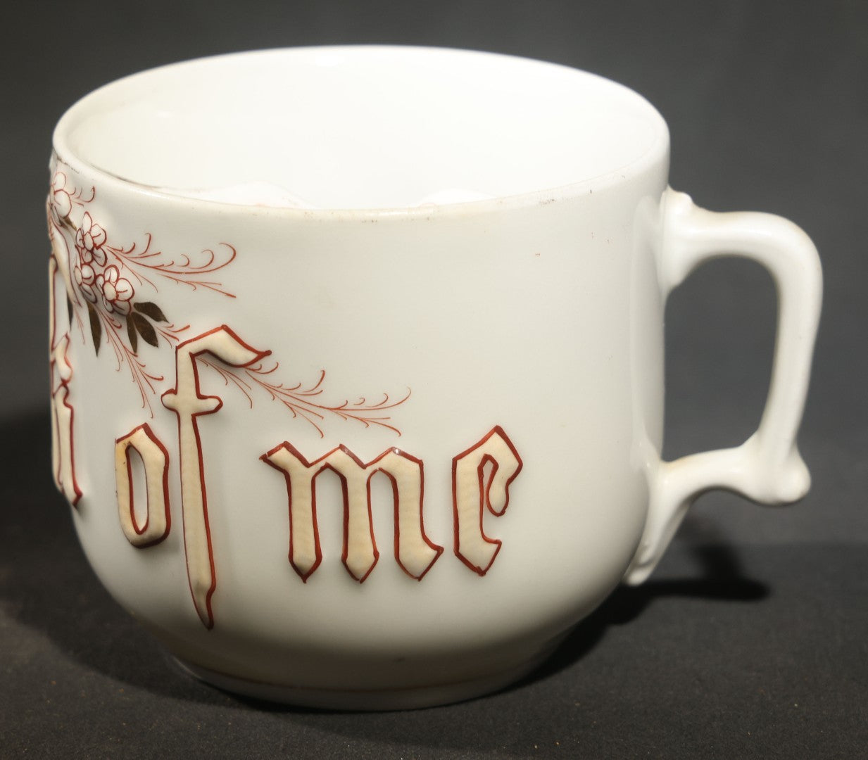 Antique German Porcelain "Think of Me" Mustache Mug with Gothic Lettering and Floral Decoration
