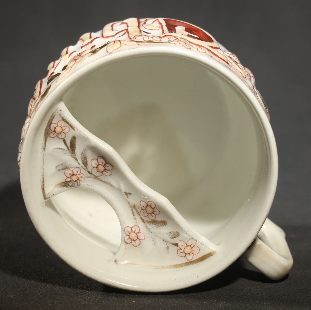 Antique German Porcelain "Think of Me" Mustache Mug with Gothic Lettering and Floral Decoration