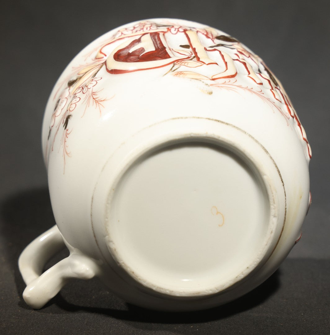 Antique German Porcelain "Think of Me" Mustache Mug with Gothic Lettering and Floral Decoration