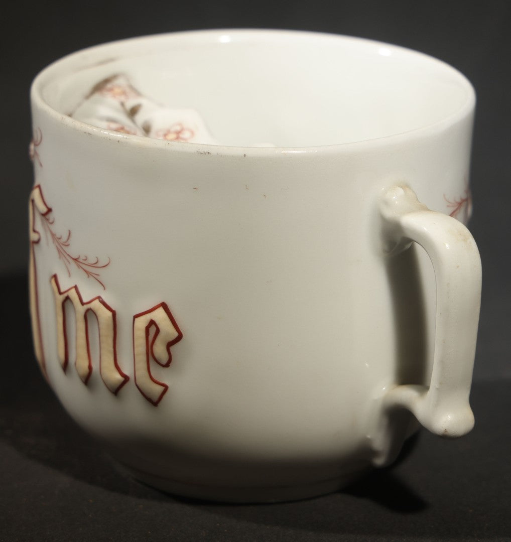 Antique German Porcelain "Think of Me" Mustache Mug with Gothic Lettering and Floral Decoration