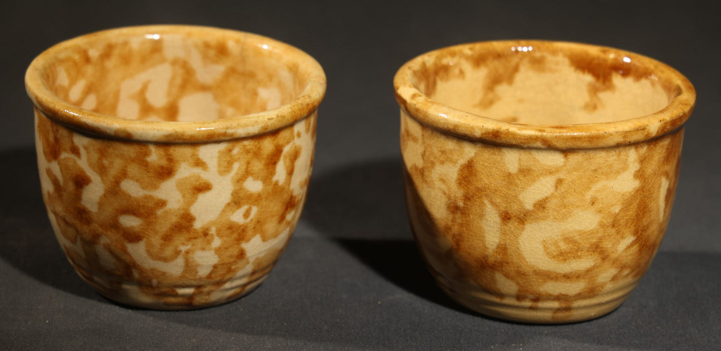 Pair of Antique Spongeware Pottery Custard Cups with Brown on Cream Sponged Decoration