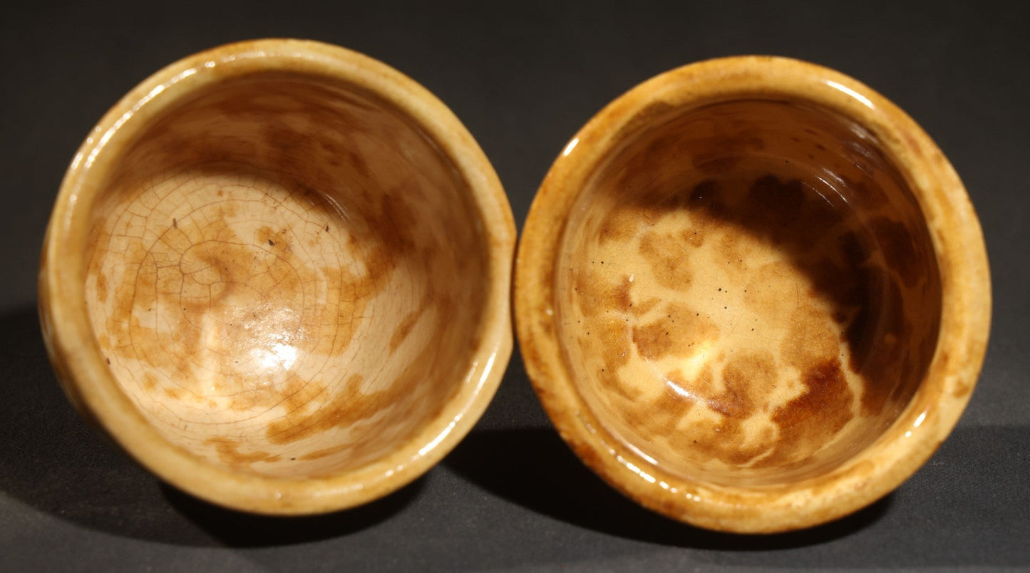 Pair of Antique Spongeware Pottery Custard Cups with Brown on Cream Sponged Decoration