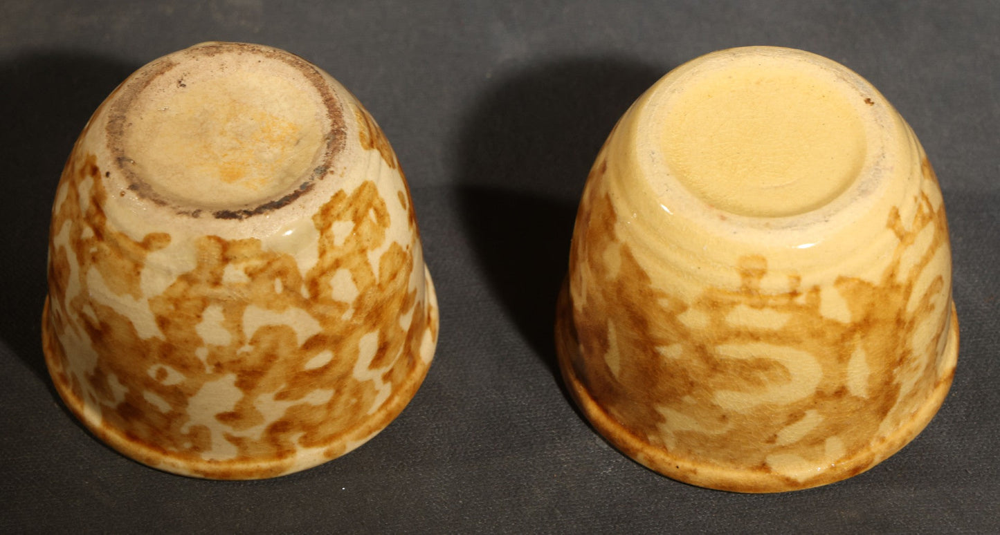 Pair of Antique Spongeware Pottery Custard Cups with Brown on Cream Sponged Decoration