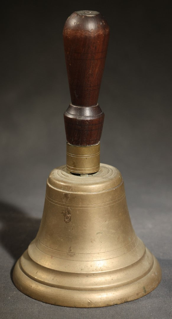 Antique Brass School Hand Bell with Turned Wood Handle, Handle Detached, Numeral Stamp on Handle End