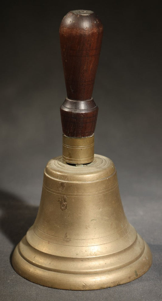 Antique Brass School Hand Bell with Turned Wood Handle, Handle Detached, Numeral Stamp on Handle End