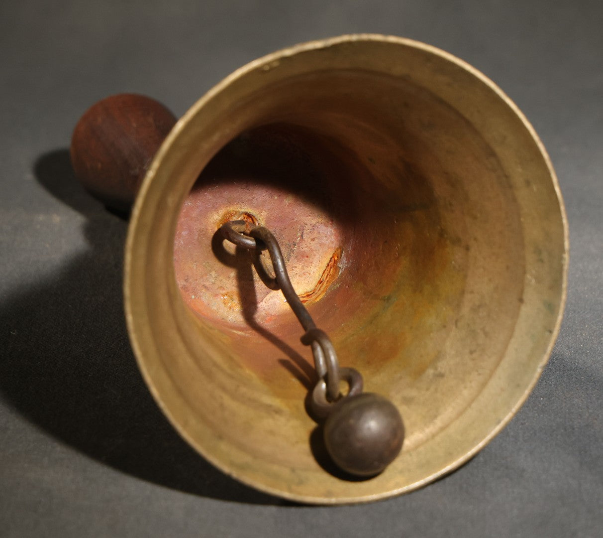 Antique Brass School Hand Bell with Turned Wood Handle, Handle Detached, Numeral Stamp on Handle End