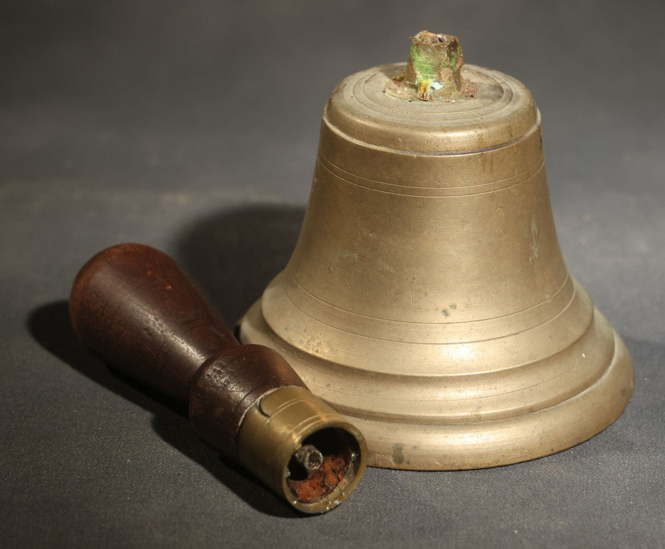 Antique Brass School Hand Bell with Turned Wood Handle, Handle Detached, Numeral Stamp on Handle End