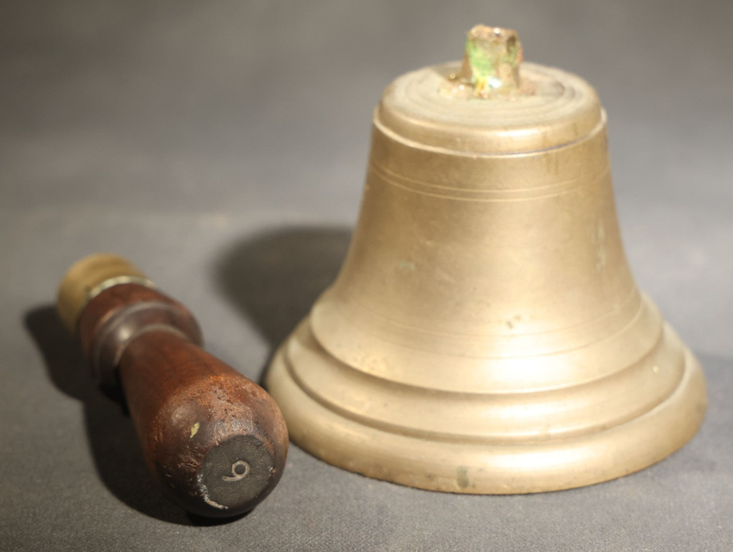 Antique Brass School Hand Bell with Turned Wood Handle, Handle Detached, Numeral Stamp on Handle End