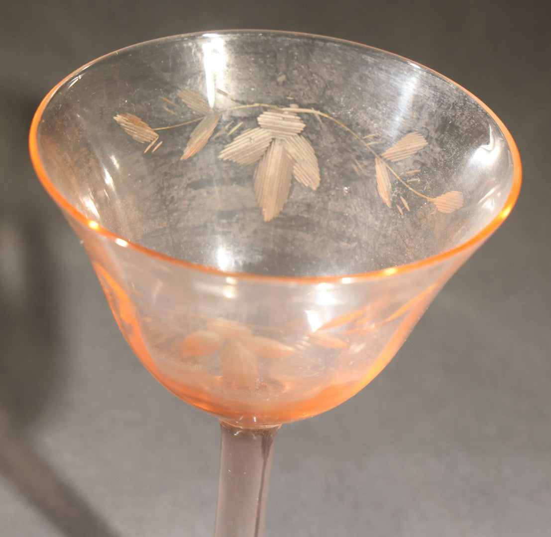Trio of Vintage Pink Depression Glass Including Floral Relief Creamer, Cubist Open Sugar, and Etched Champagne Coupe
