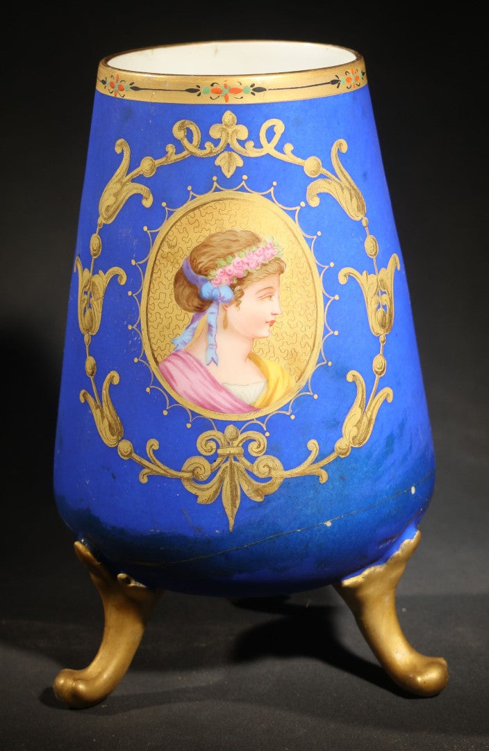 Antique Porcelain Footed Vase, Cobalt Blue Ground with Gilt Scrollwork and Hand-Painted Portrait Medallion, Note Repaired Circumferential Crack at Base