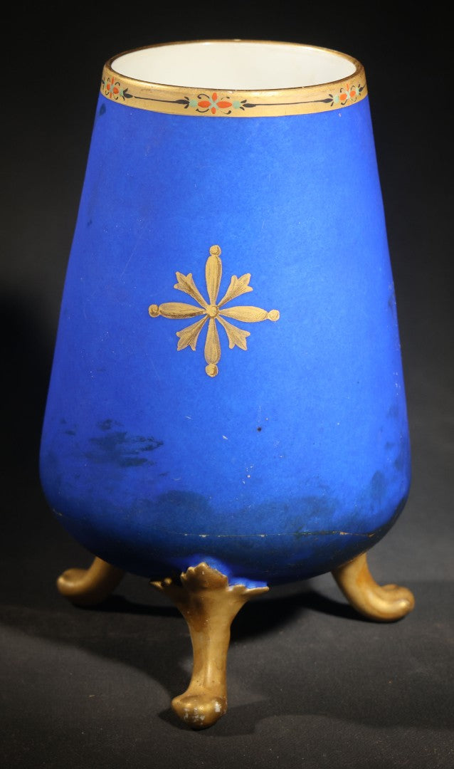 Antique Porcelain Footed Vase, Cobalt Blue Ground with Gilt Scrollwork and Hand-Painted Portrait Medallion, Note Repaired Circumferential Crack at Base