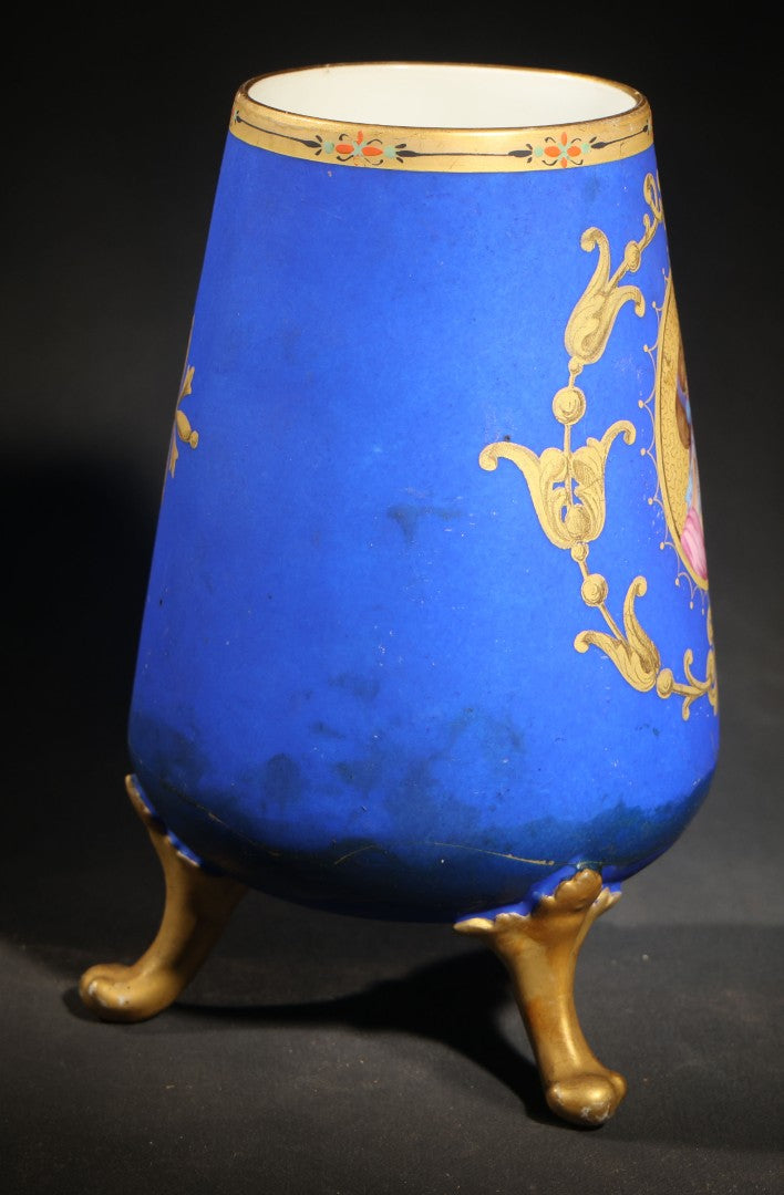 Antique Porcelain Footed Vase, Cobalt Blue Ground with Gilt Scrollwork and Hand-Painted Portrait Medallion, Note Repaired Circumferential Crack at Base