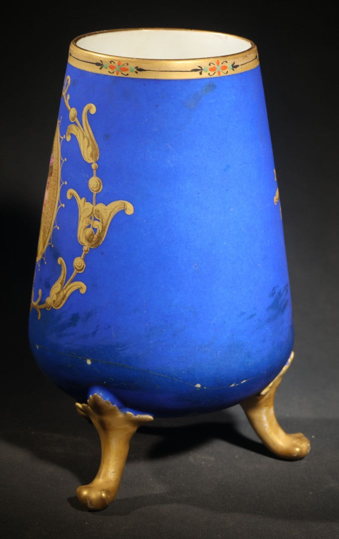 Antique Porcelain Footed Vase, Cobalt Blue Ground with Gilt Scrollwork and Hand-Painted Portrait Medallion, Note Repaired Circumferential Crack at Base
