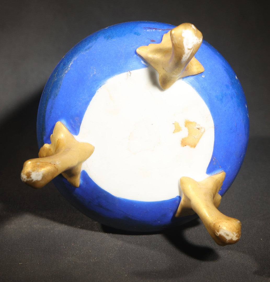 Antique Porcelain Footed Vase, Cobalt Blue Ground with Gilt Scrollwork and Hand-Painted Portrait Medallion, Note Repaired Circumferential Crack at Base