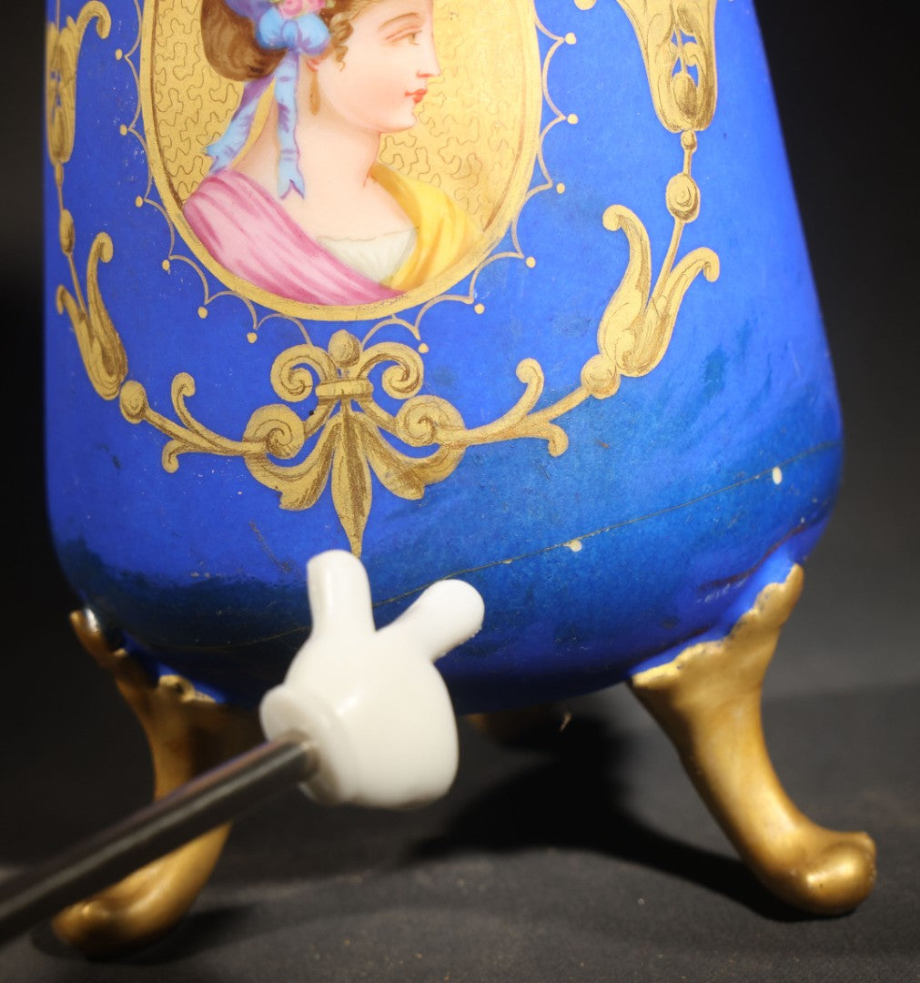Antique Porcelain Footed Vase, Cobalt Blue Ground with Gilt Scrollwork and Hand-Painted Portrait Medallion, Note Repaired Circumferential Crack at Base