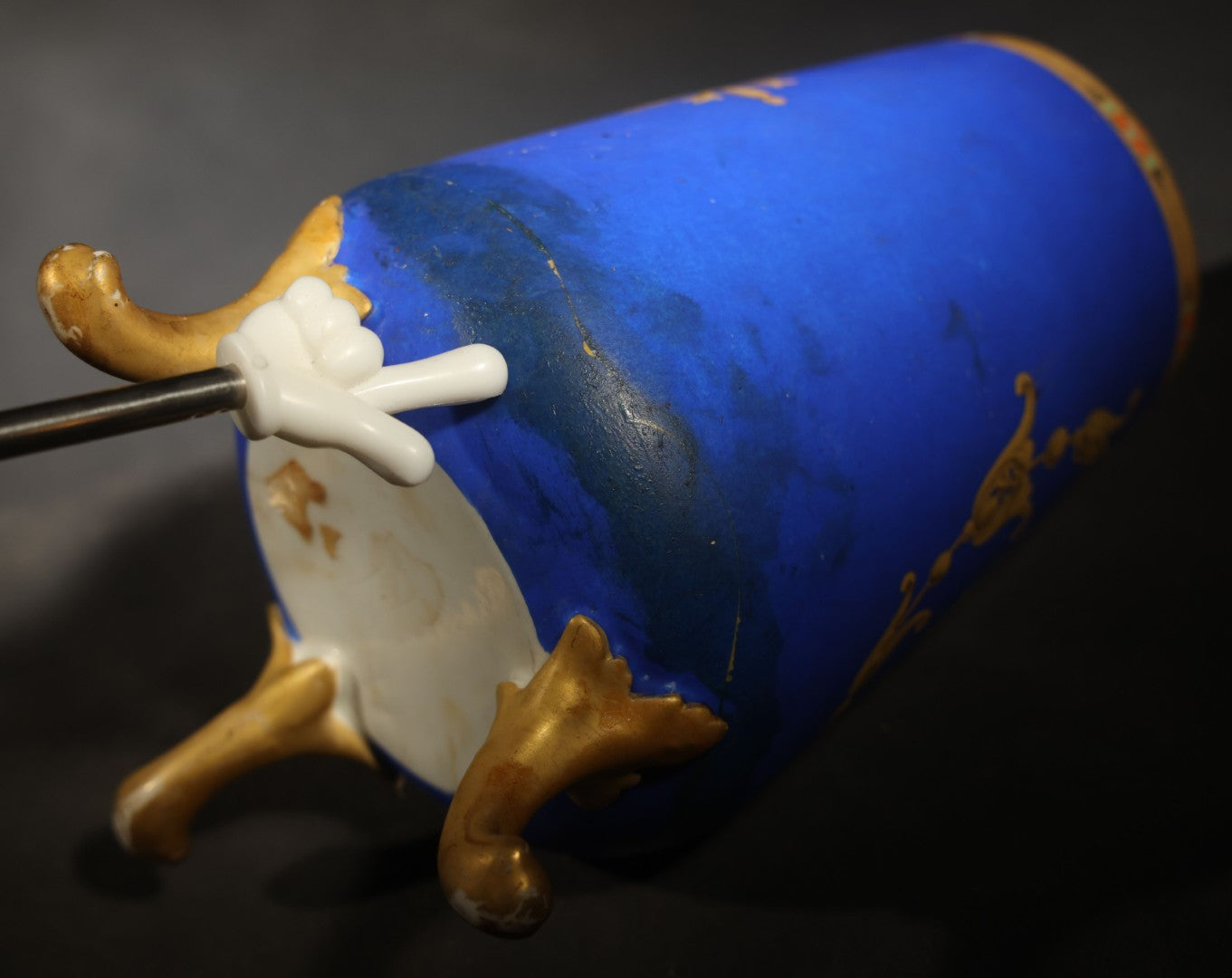 Antique Porcelain Footed Vase, Cobalt Blue Ground with Gilt Scrollwork and Hand-Painted Portrait Medallion, Note Repaired Circumferential Crack at Base