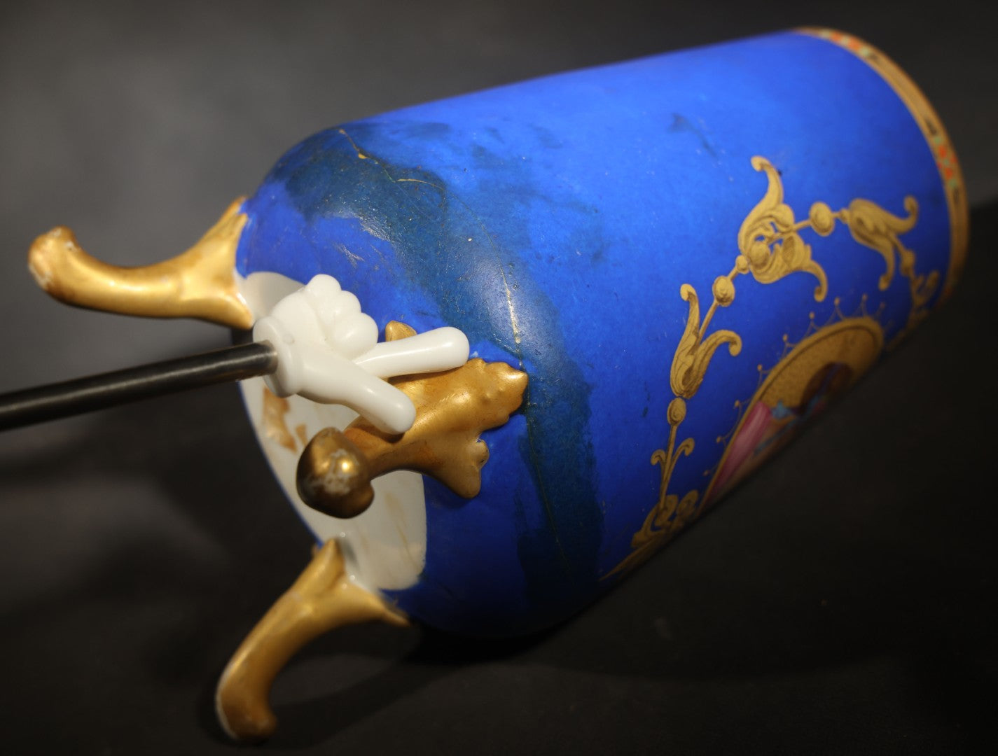 Antique Porcelain Footed Vase, Cobalt Blue Ground with Gilt Scrollwork and Hand-Painted Portrait Medallion, Note Repaired Circumferential Crack at Base