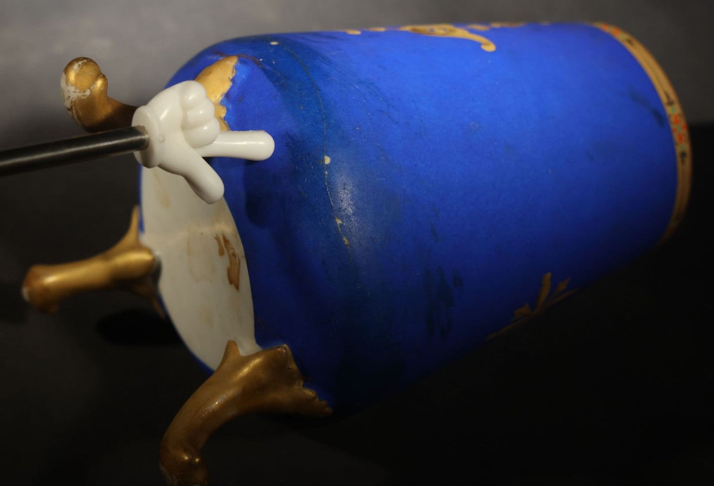 Antique Porcelain Footed Vase, Cobalt Blue Ground with Gilt Scrollwork and Hand-Painted Portrait Medallion, Note Repaired Circumferential Crack at Base