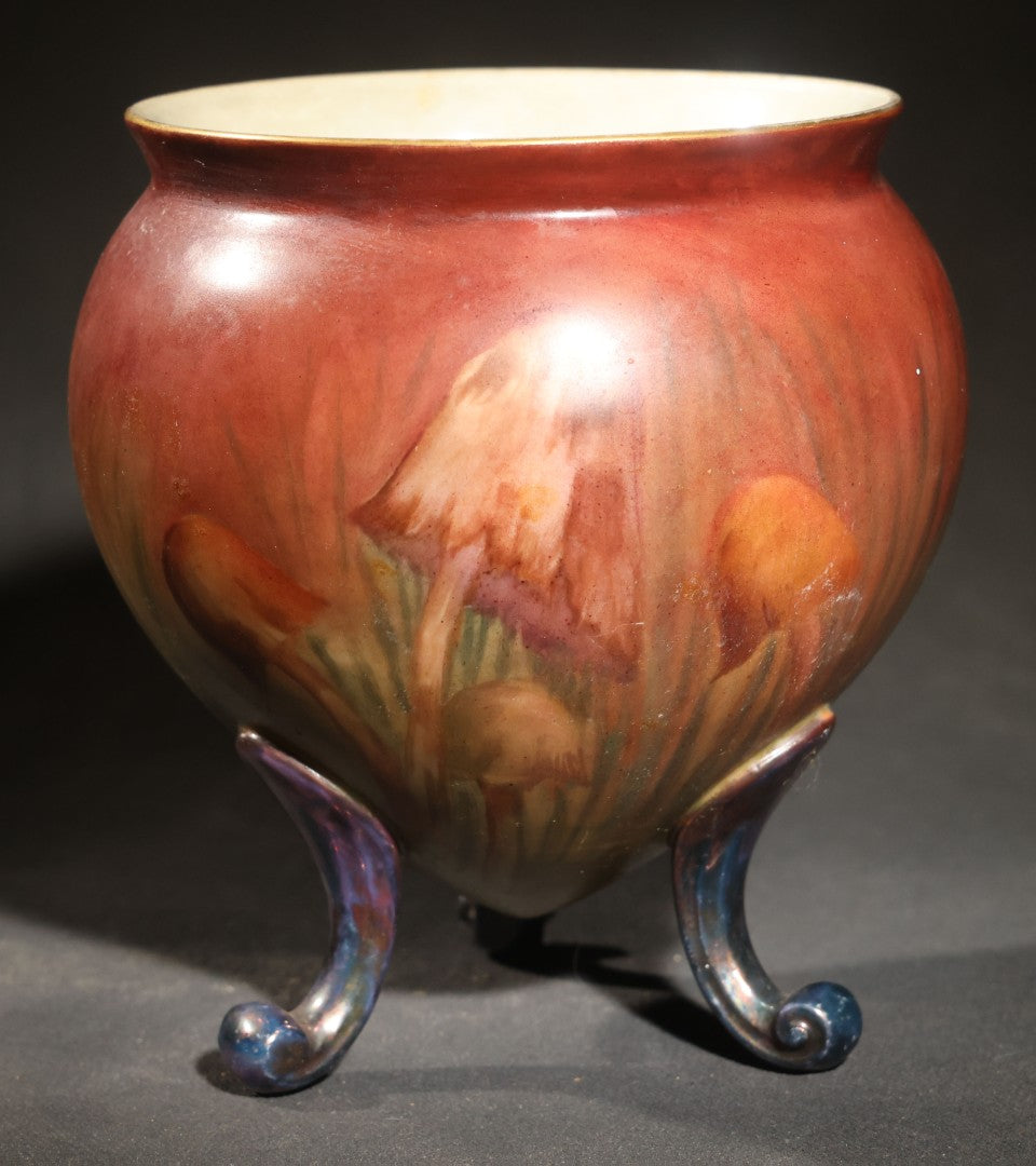 Antique Hand-Painted Porcelain Footed Jardiniere, Mushroom Decoration on Shaded Red and Green Ground, Initialed "E.K.," Note Repaired Crack