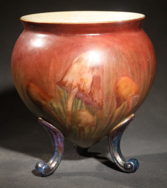 Antique Hand-Painted Porcelain Footed Jardiniere, Mushroom Decoration on Shaded Red and Green Ground, Initialed "E.K.," Note Repaired Crack