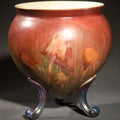 Lot 074 - Antique Hand-Painted Porcelain Footed Jardiniere, Mushroom Decoration on Shaded Red and Green Ground, Initialed "E.K.," Note Repaired Crack, 5-1/2" H