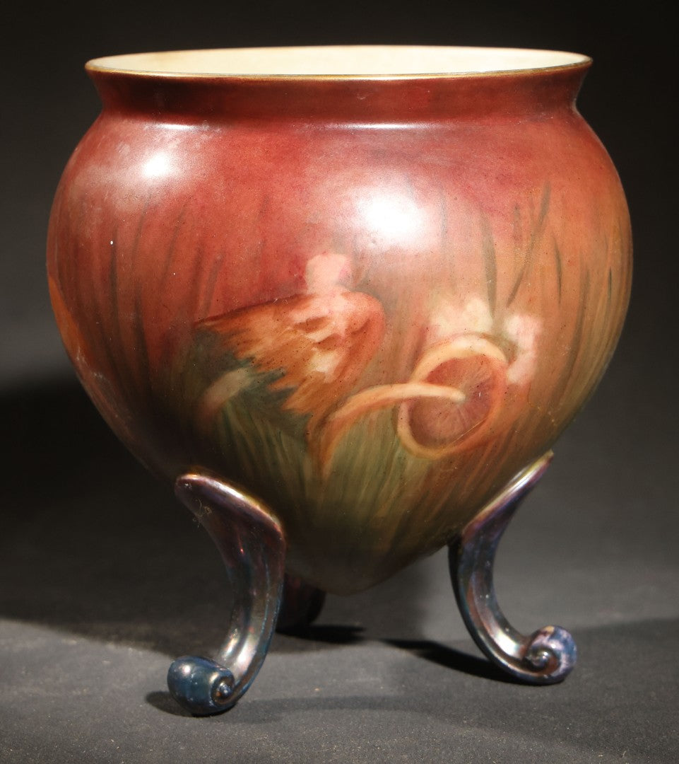 Antique Hand-Painted Porcelain Footed Jardiniere, Mushroom Decoration on Shaded Red and Green Ground, Initialed "E.K.," Note Repaired Crack