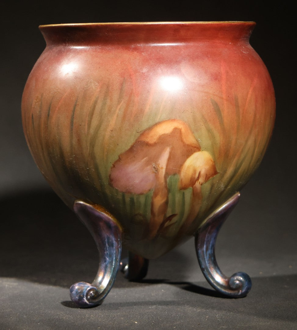 Antique Hand-Painted Porcelain Footed Jardiniere, Mushroom Decoration on Shaded Red and Green Ground, Initialed "E.K.," Note Repaired Crack