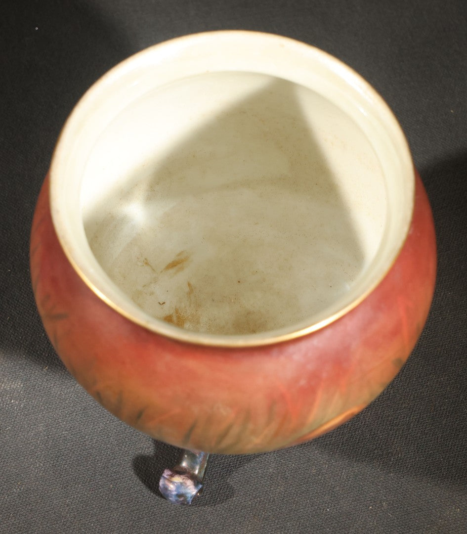 Antique Hand-Painted Porcelain Footed Jardiniere, Mushroom Decoration on Shaded Red and Green Ground, Initialed "E.K.," Note Repaired Crack