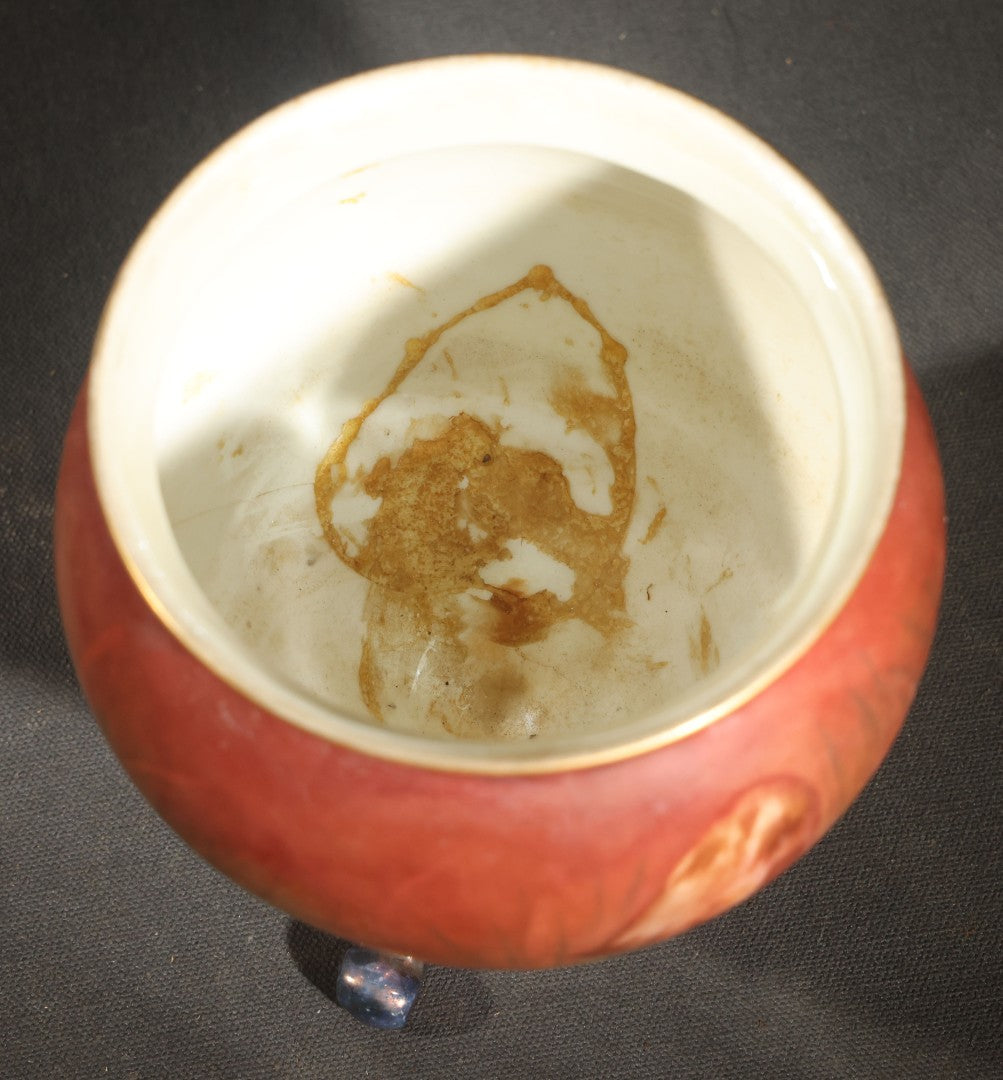 Antique Hand-Painted Porcelain Footed Jardiniere, Mushroom Decoration on Shaded Red and Green Ground, Initialed "E.K.," Note Repaired Crack