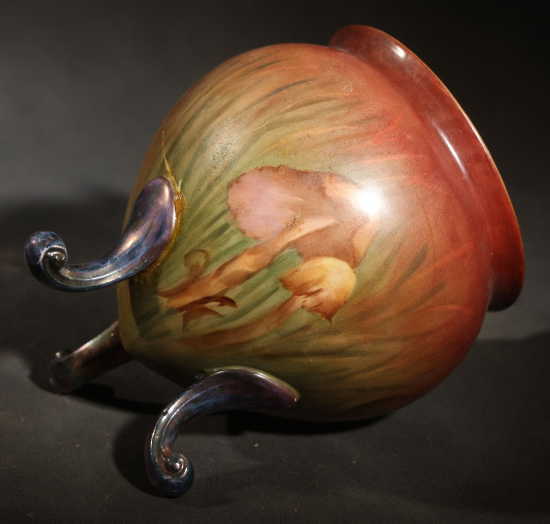Antique Hand-Painted Porcelain Footed Jardiniere, Mushroom Decoration on Shaded Red and Green Ground, Initialed "E.K.," Note Repaired Crack