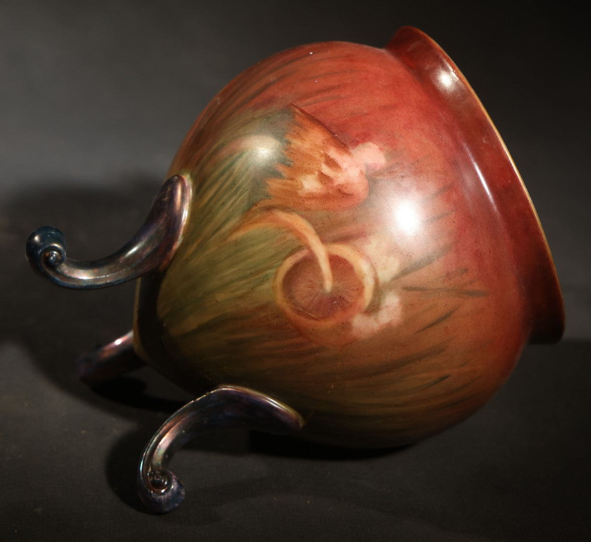 Antique Hand-Painted Porcelain Footed Jardiniere, Mushroom Decoration on Shaded Red and Green Ground, Initialed "E.K.," Note Repaired Crack
