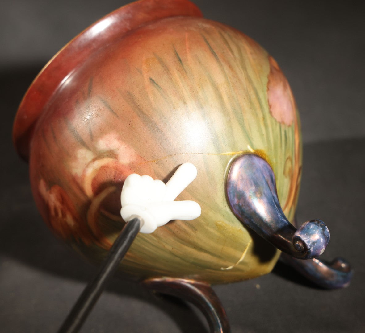 Antique Hand-Painted Porcelain Footed Jardiniere, Mushroom Decoration on Shaded Red and Green Ground, Initialed "E.K.," Note Repaired Crack