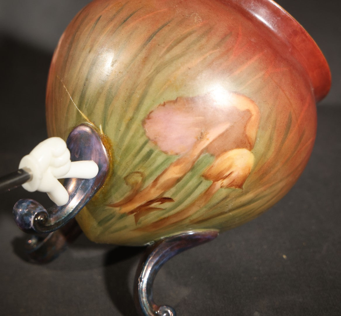 Antique Hand-Painted Porcelain Footed Jardiniere, Mushroom Decoration on Shaded Red and Green Ground, Initialed "E.K.," Note Repaired Crack