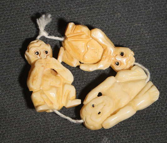 Trio of Carved Bone Netsuke-Style "Sanzaru" Three Wise Monkeys Pendants, Mizaru (See no Evil), Kikazaru (Hear no Evil), and Iwazaru (Speak no Evil), Strung on Cord