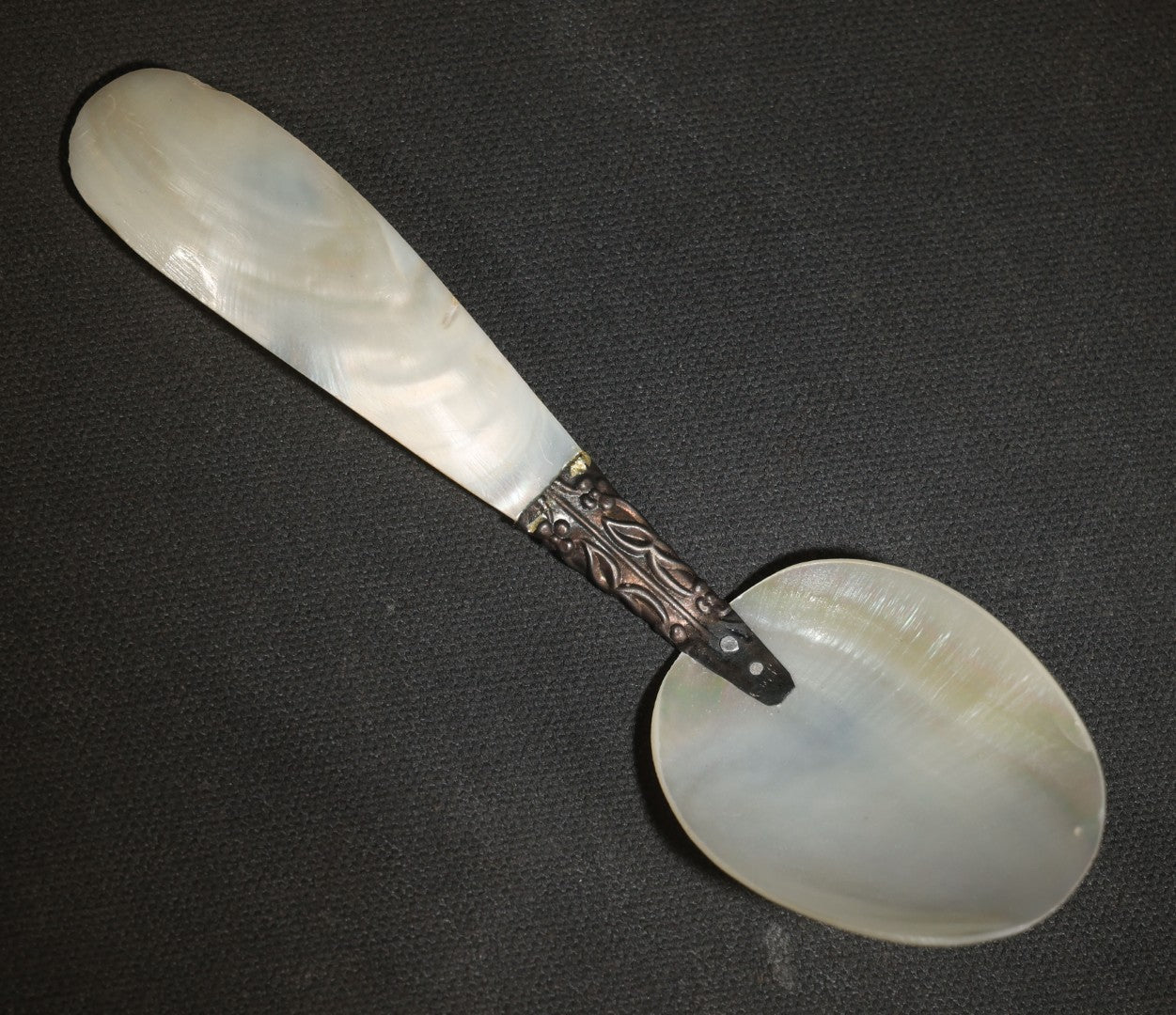 Vintage Mother-Of-Pearl Spoon with Engraved Metal Collar