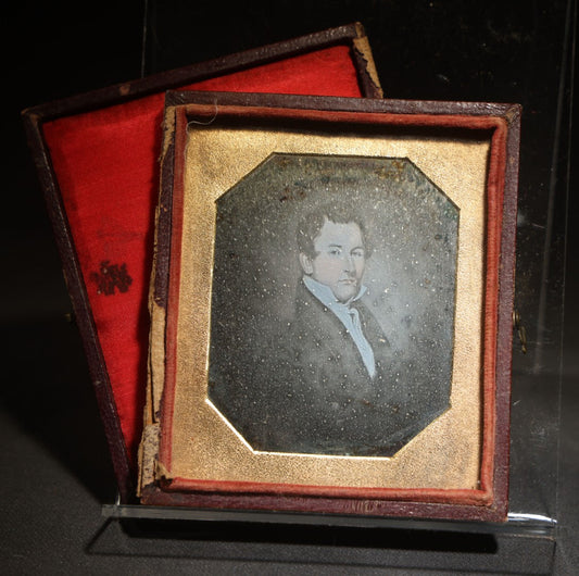 Antique 1/6th Plate Daguerreotype Photograph of a Portrait Painting, Young Man, Full Split Leatherette Union Case