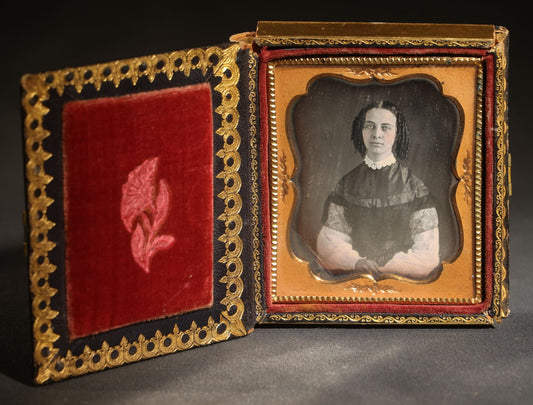 Antique 1/6th Plate Daguerreotype Photograph of a Young Woman with Ringlet Curls, Photographed by Smith, Rochester, New York, in Papier-MâChé Case with Mother-Of-Pearl Inlay and Rose Decoration