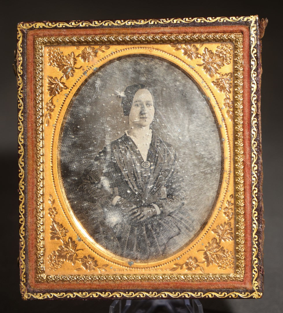 Antique 1/6th Plate Daguerreotype Photograph of a Young Woman with Brooch, Photographed by Chase, 175 Washington Street, in Half Leatherette Union Case