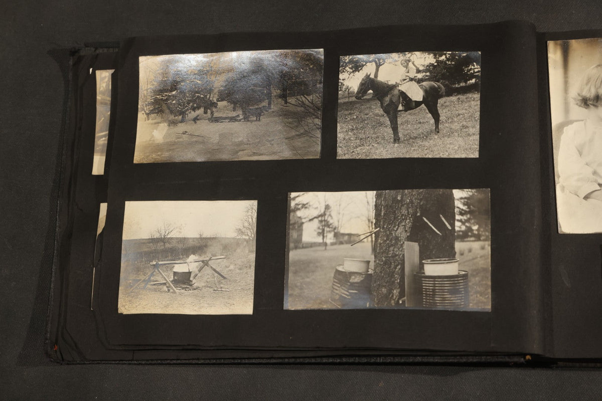 Antique Snapshot Album, Circa 1910-1920, 150+ Photographs of Family and Children Including Maple Sugaring, Horseback Riding, Farm Life, Beach and Winter Scenes
