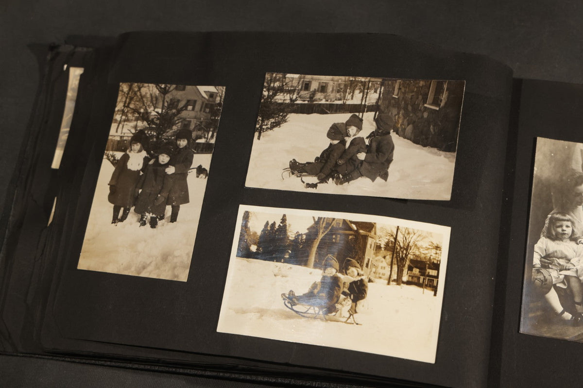 Antique Snapshot Album, Circa 1910-1920, 150+ Photographs of Family and Children Including Maple Sugaring, Horseback Riding, Farm Life, Beach and Winter Scenes