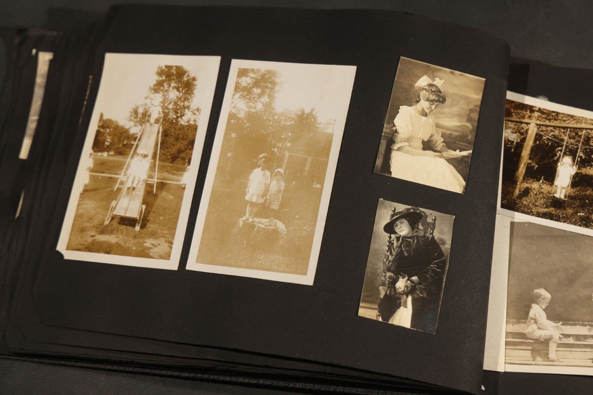 Antique Snapshot Album, Circa 1910-1920, 150+ Photographs of Family and Children Including Maple Sugaring, Horseback Riding, Farm Life, Beach and Winter Scenes