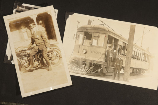 Antique Snapshot Album, Circa WWI Era, 200+ Photographs Including Police Officer on Indian Motorcycle, Pacific Electric Railway, Railroad and Trolley Workers, Woman in Navy Sailor Outfit with Gas Mask, and Beach Scenes
