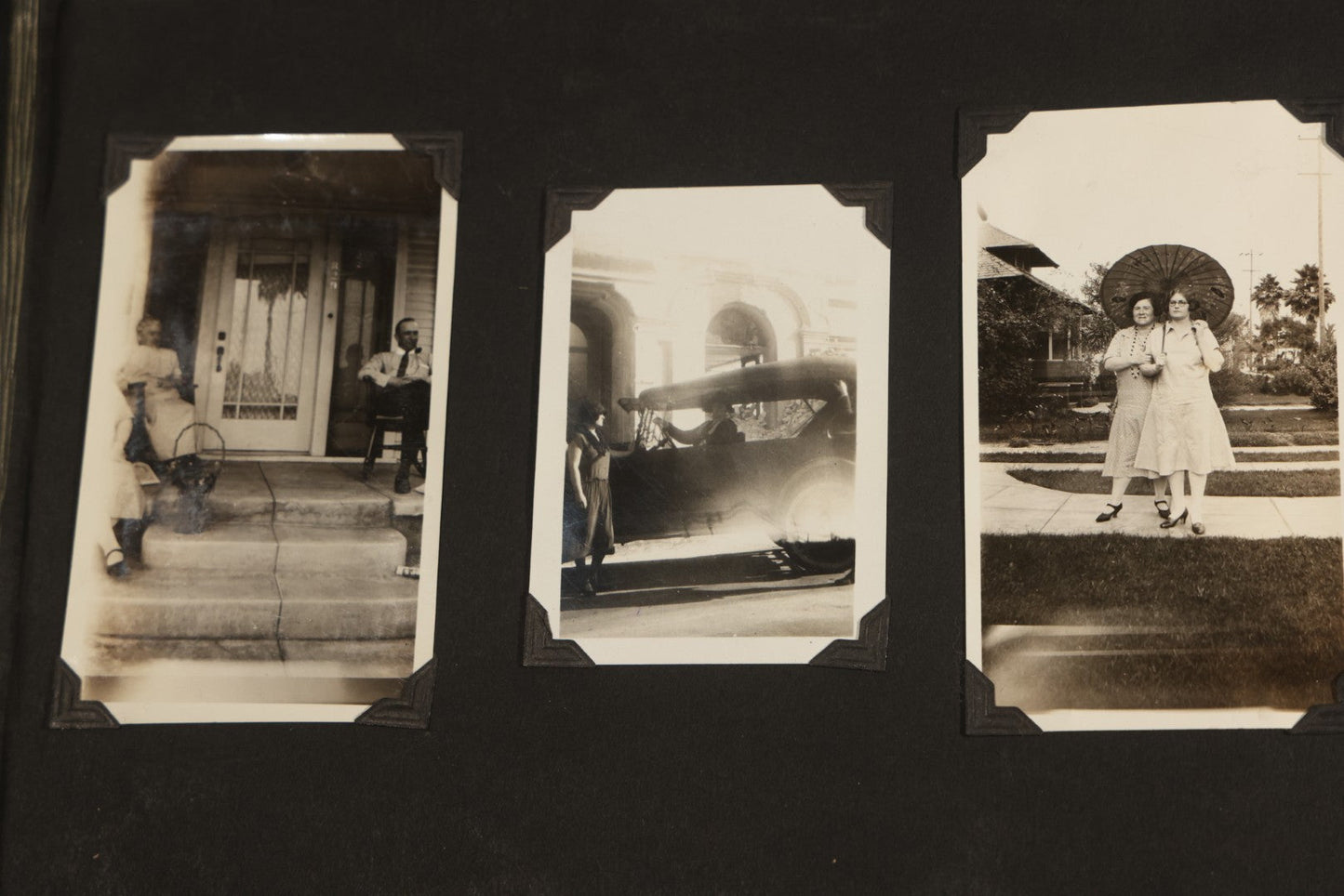 Antique Snapshot Album, Circa WWI Era, 200+ Photographs Including Police Officer on Indian Motorcycle, Pacific Electric Railway, Railroad and Trolley Workers, Woman in Navy Sailor Outfit with Gas Mask, and Beach Scenes