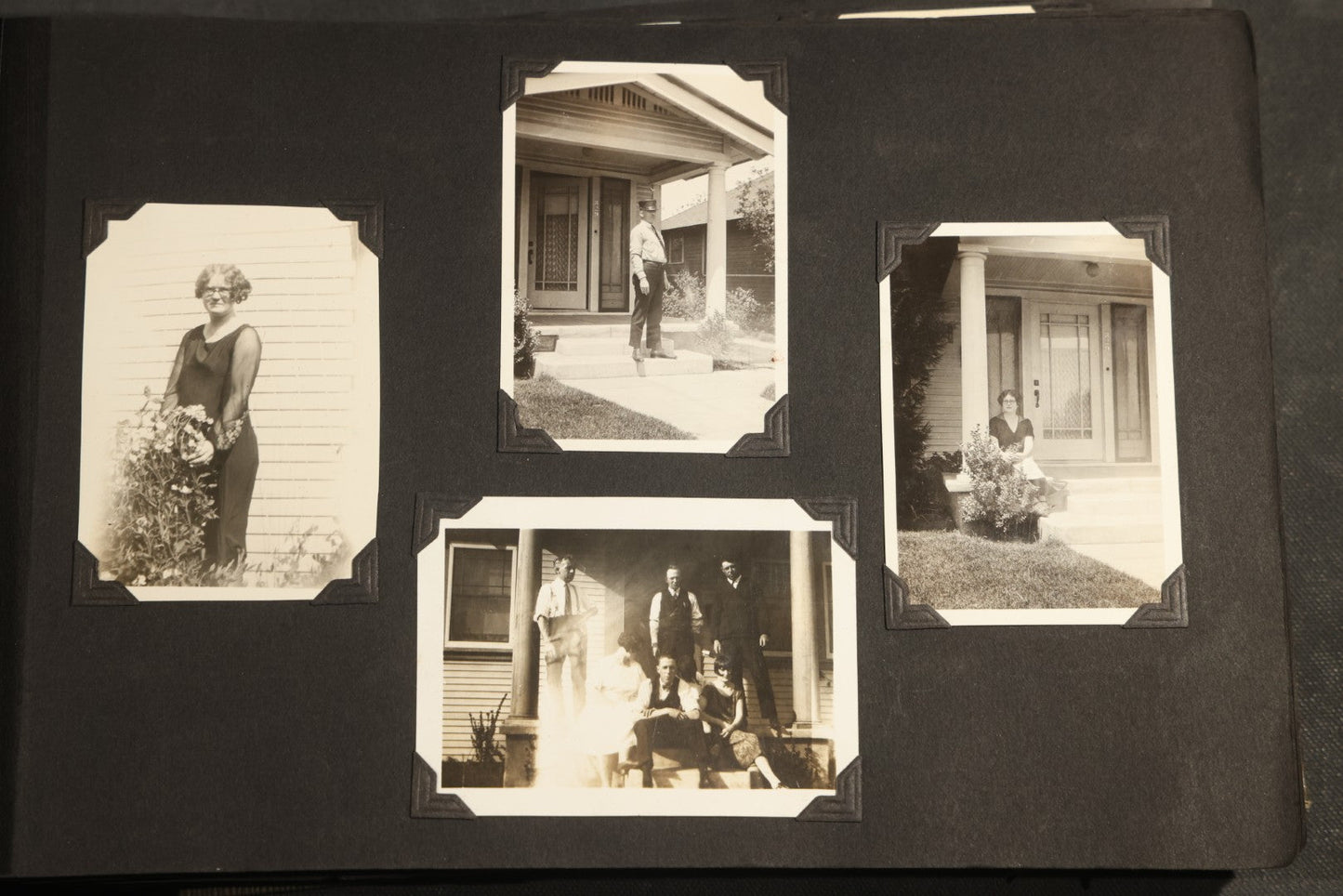 Antique Snapshot Album, Circa WWI Era, 200+ Photographs Including Police Officer on Indian Motorcycle, Pacific Electric Railway, Railroad and Trolley Workers, Woman in Navy Sailor Outfit with Gas Mask, and Beach Scenes