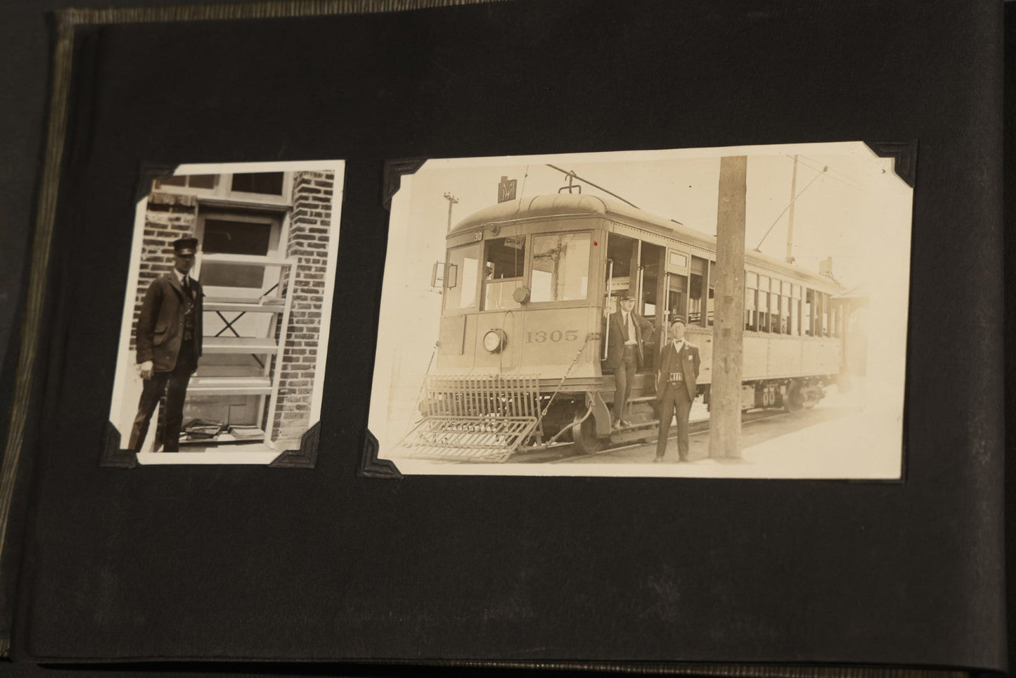 Antique Snapshot Album, Circa WWI Era, 200+ Photographs Including Police Officer on Indian Motorcycle, Pacific Electric Railway, Railroad and Trolley Workers, Woman in Navy Sailor Outfit with Gas Mask, and Beach Scenes